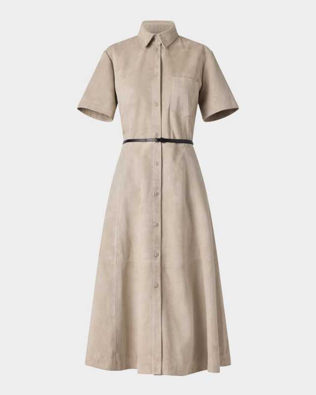 Kiera Suede Fit-Flare Belted Midi Dress